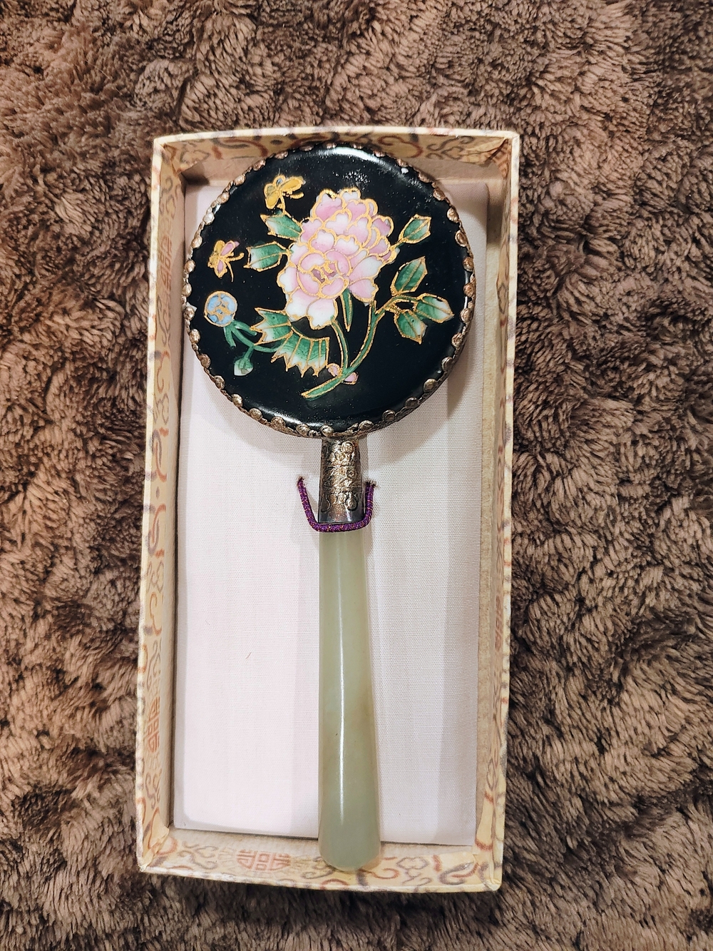 Handheld Floral Cloisonné Mirror with Jade Handle - Pink Floral on Black